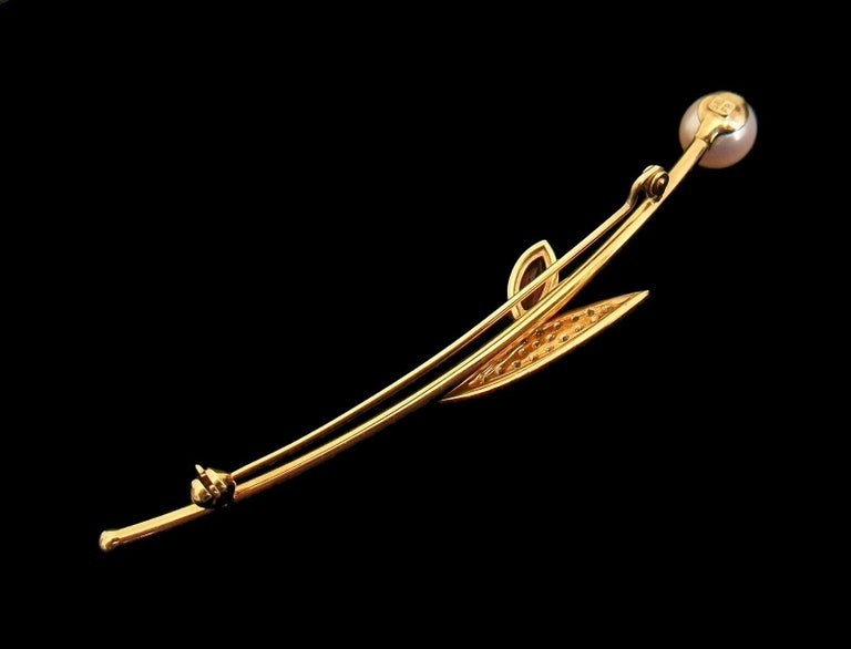Modernist Pearl & Gem Set 14K Yellow Gold Flower Pin, Signed, Mid-20th Century For Sale 1