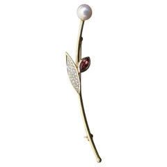 Vintage Modernist Pearl & Gem Set 14K Yellow Gold Flower Pin, Signed, Mid-20th Century