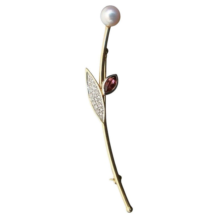 Modernist Pearl & Gem Set 14K Yellow Gold Flower Pin, Signed, Mid-20th Century For Sale