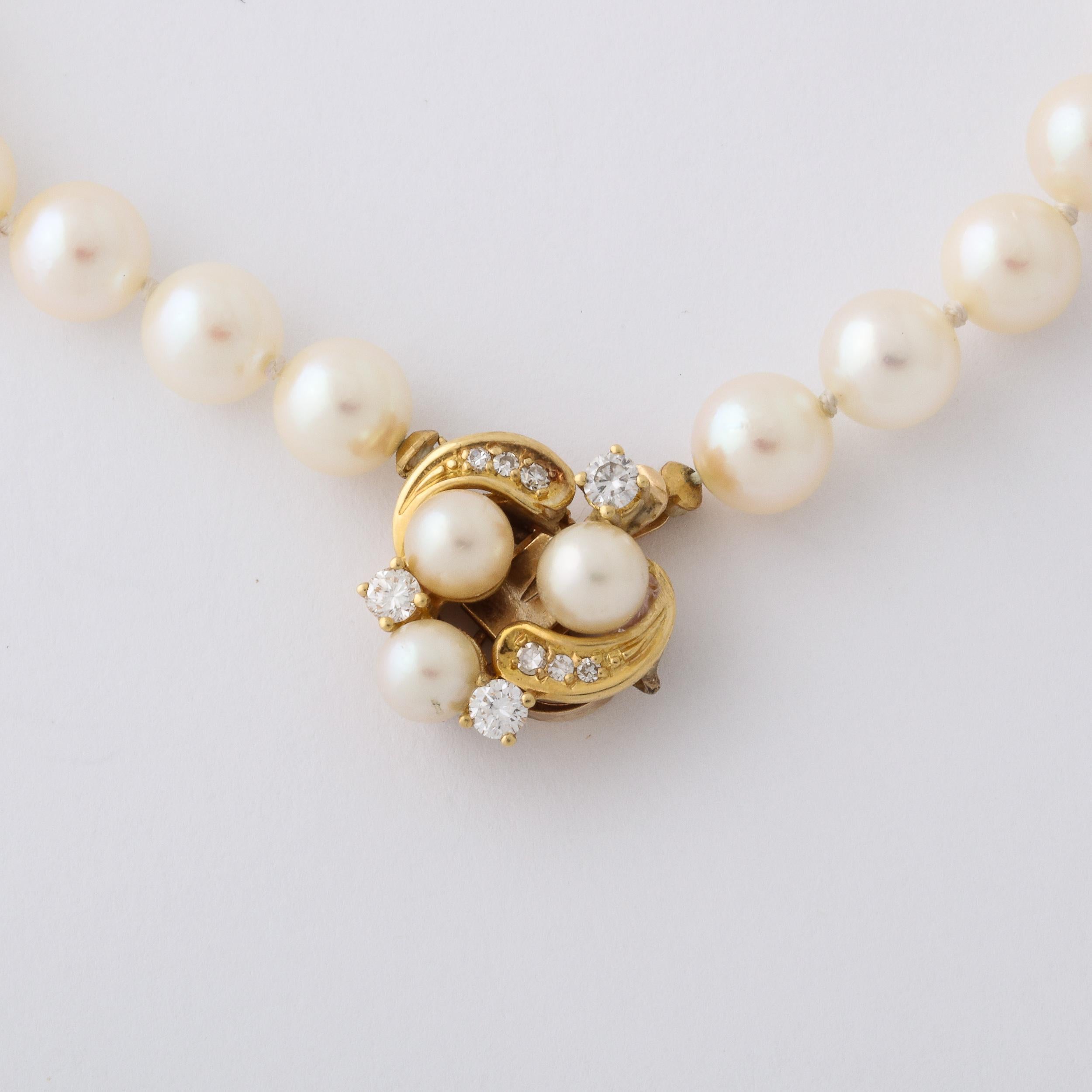 Modernist Pearl Necklace with 14k  Gold , Diamond and Pearl Clasp  8