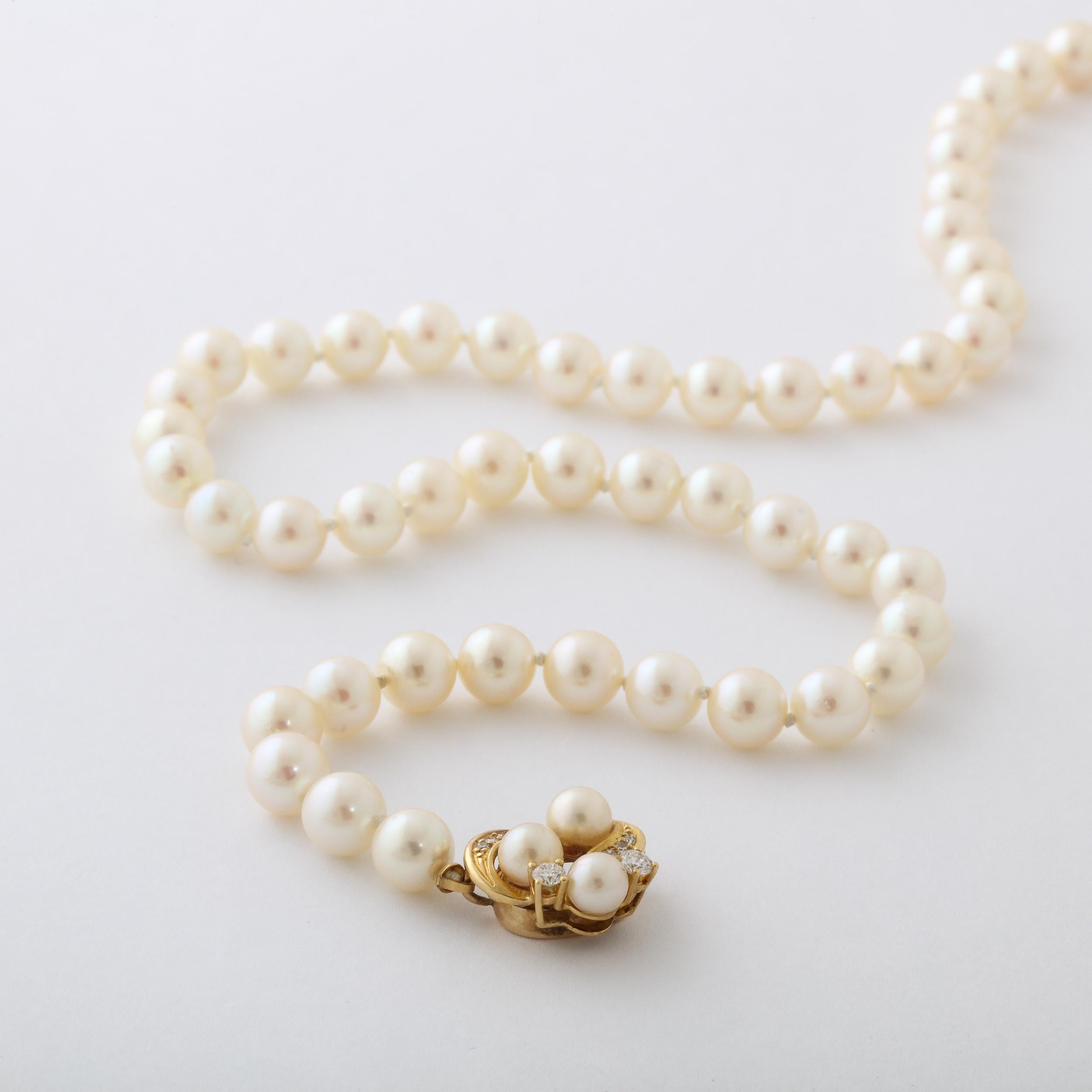 Modernist Pearl Necklace with 14k  Gold , Diamond and Pearl Clasp  10