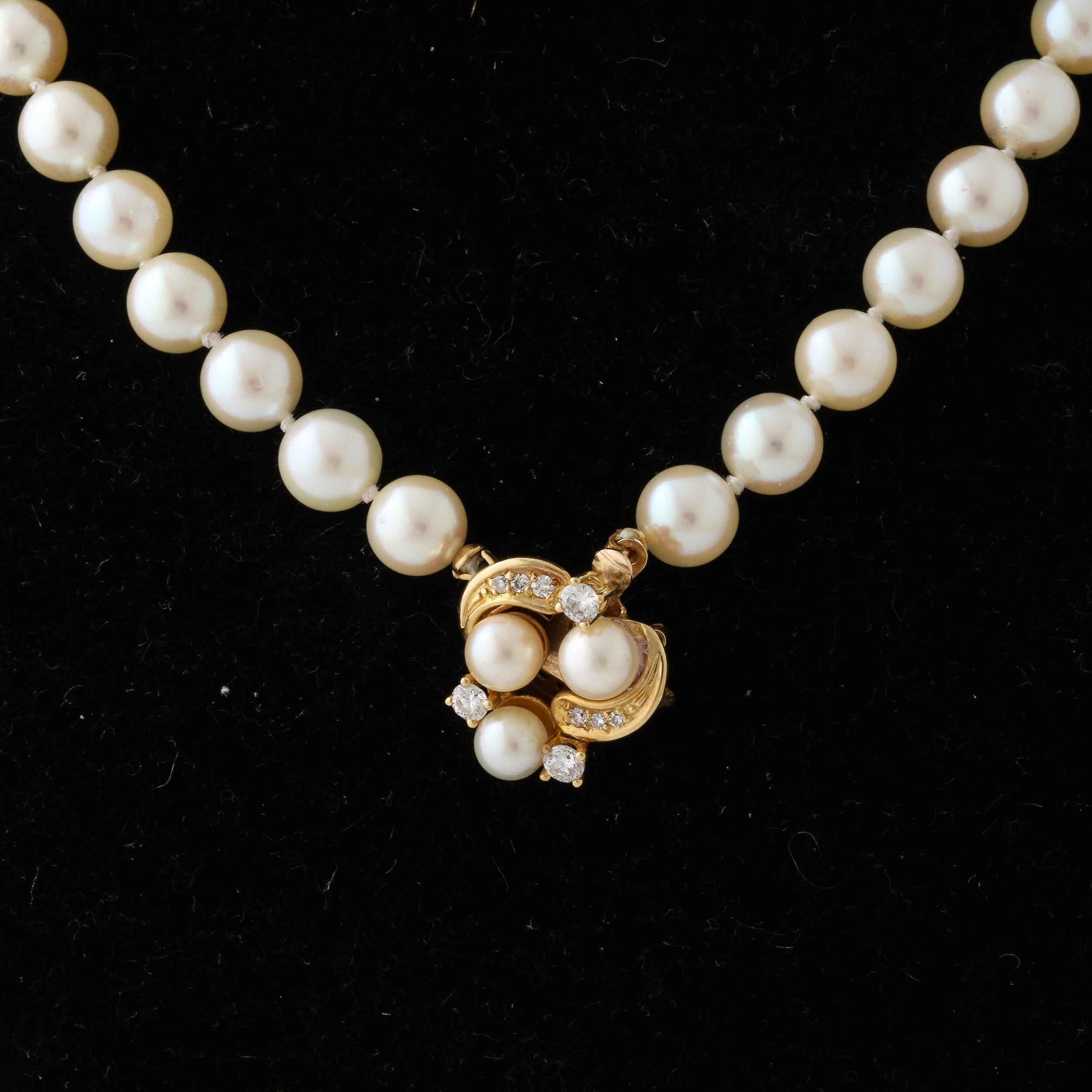 Brilliant Cut Modernist Pearl Necklace with 14k  Gold , Diamond and Pearl Clasp 