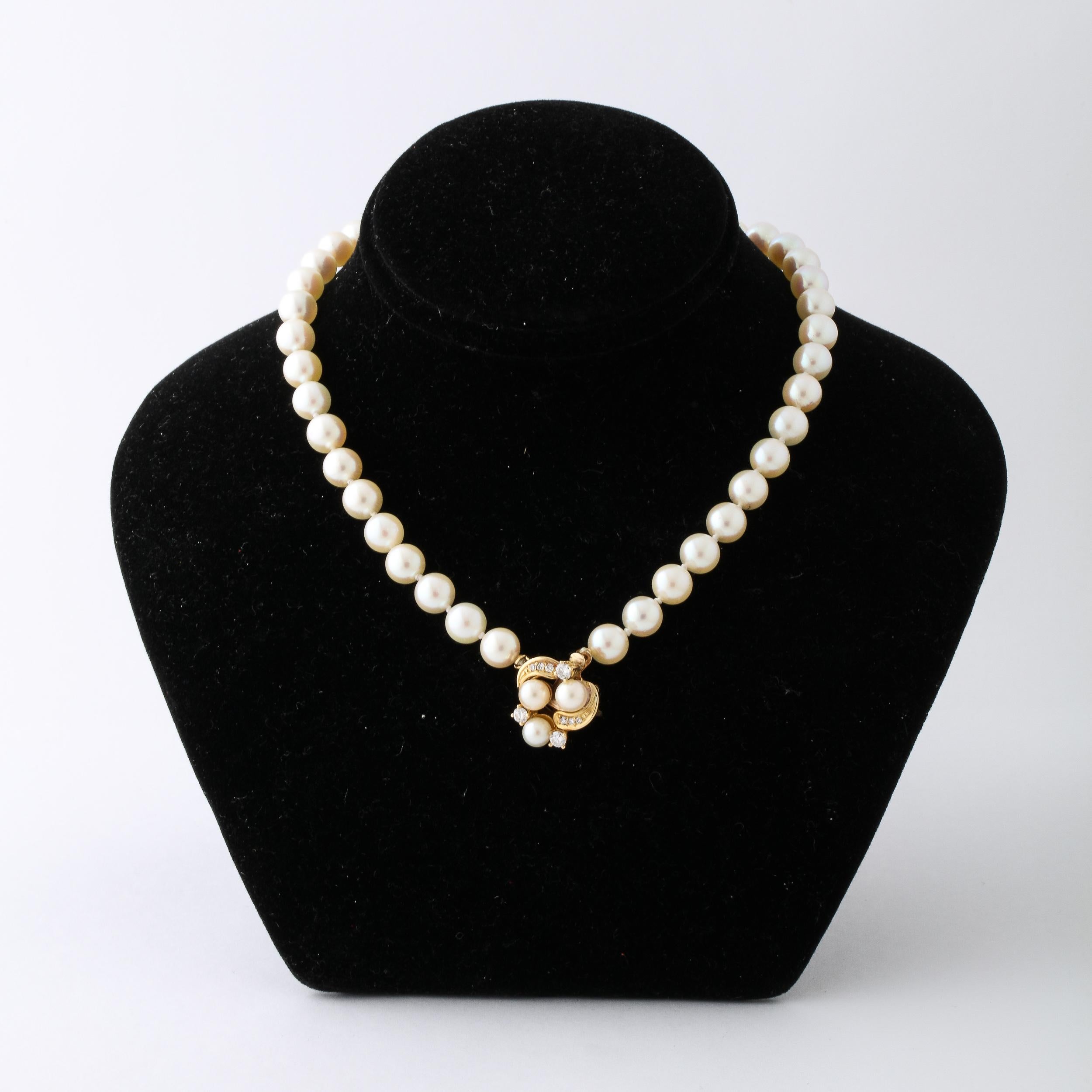 Women's or Men's Modernist Pearl Necklace with 14k  Gold , Diamond and Pearl Clasp 