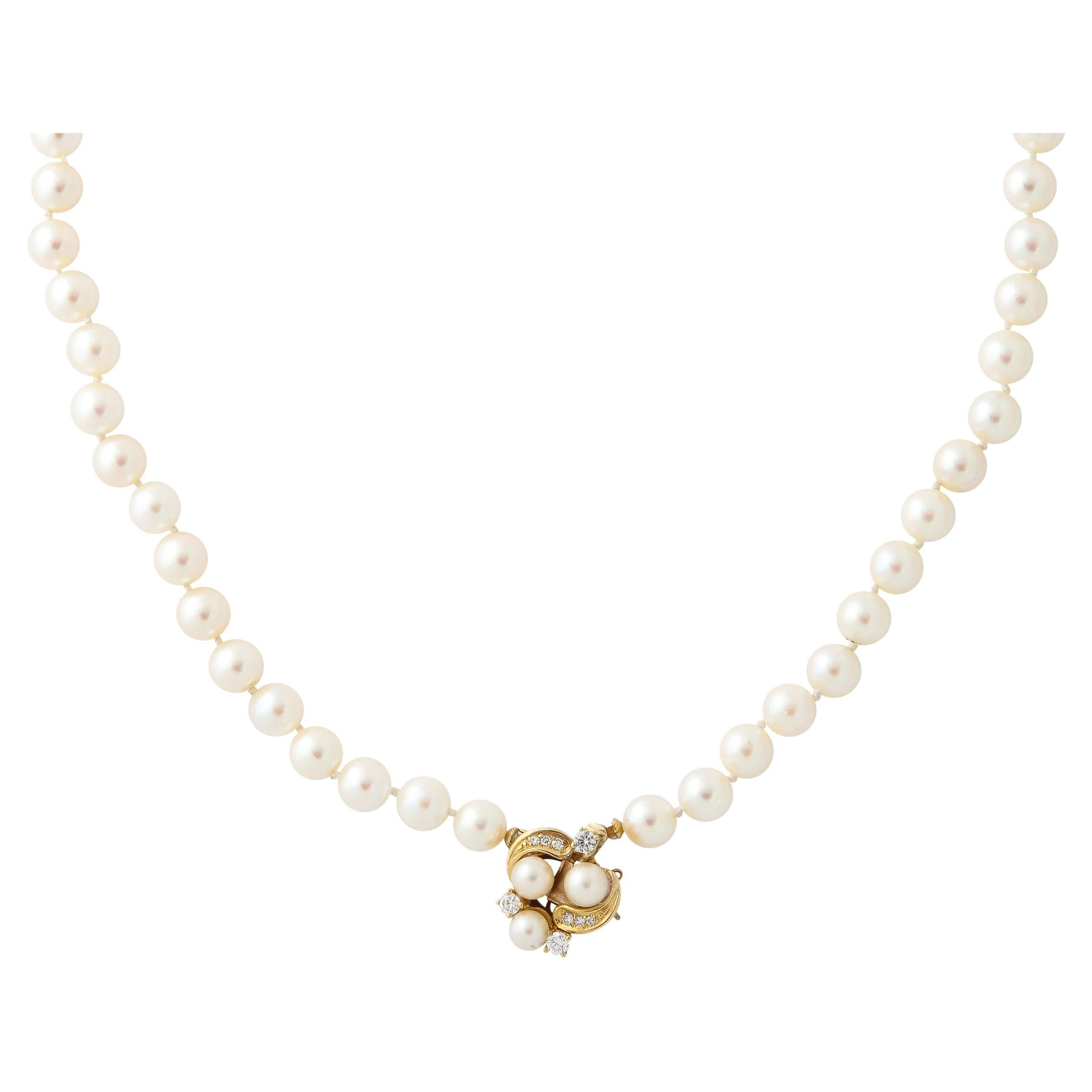 Modernist Pearl Necklace with 14k  Gold , Diamond and Pearl Clasp 