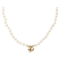 Vintage Modernist Pearl Necklace with 14k  Gold , Diamond and Pearl Clasp 