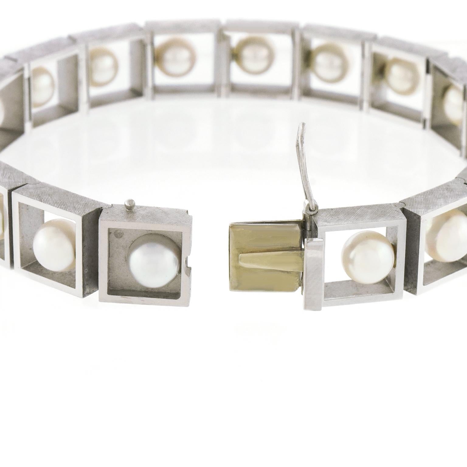 Modernist Pearl-Set White Gold Bracelet For Sale 4