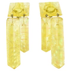 Modernist Pearlized Yellow Resin Dangle Ice Cube Clip Earrings