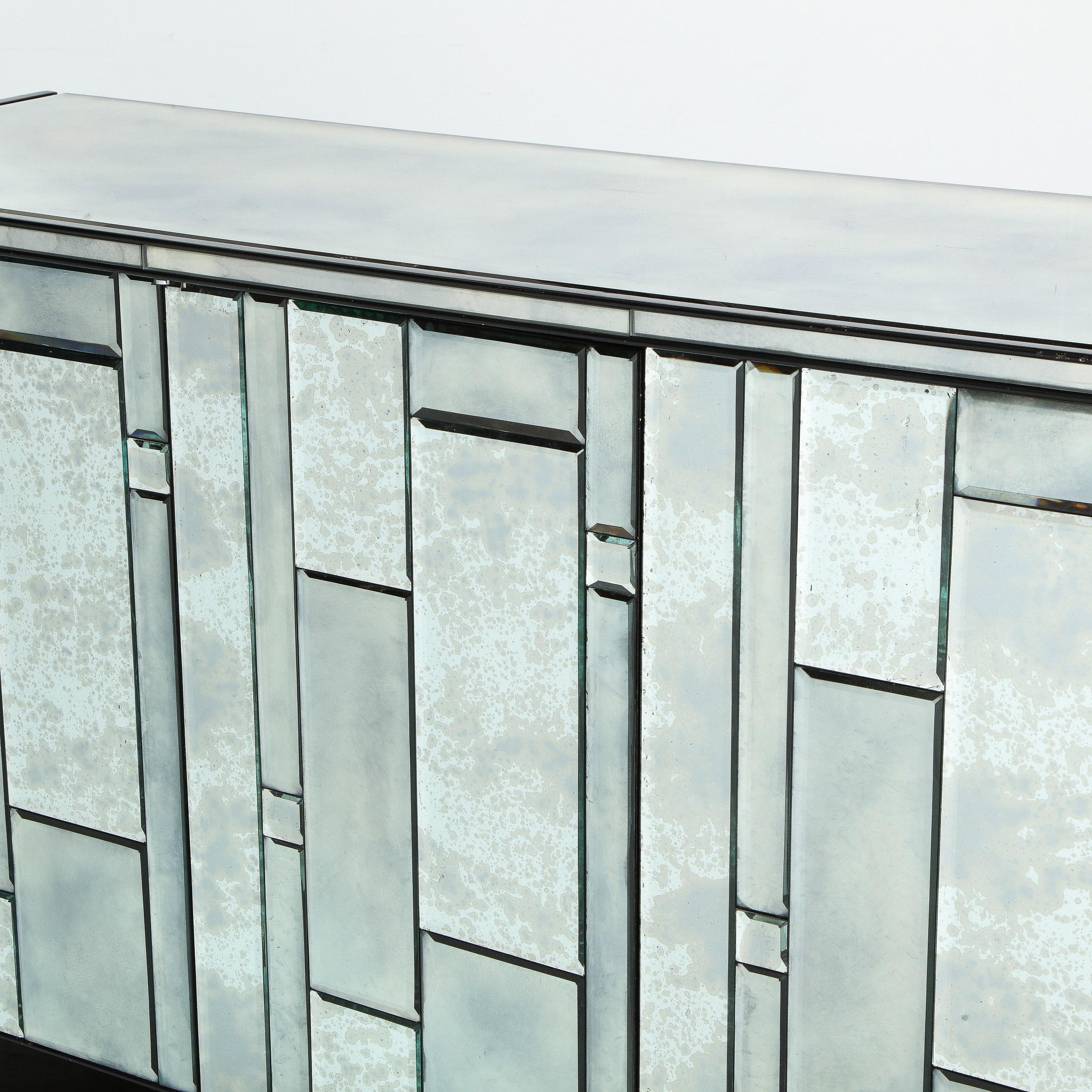 Modernist Pentagonal Form Mosaic Mirrored Cabinet with Ebonized Oak Interior 5