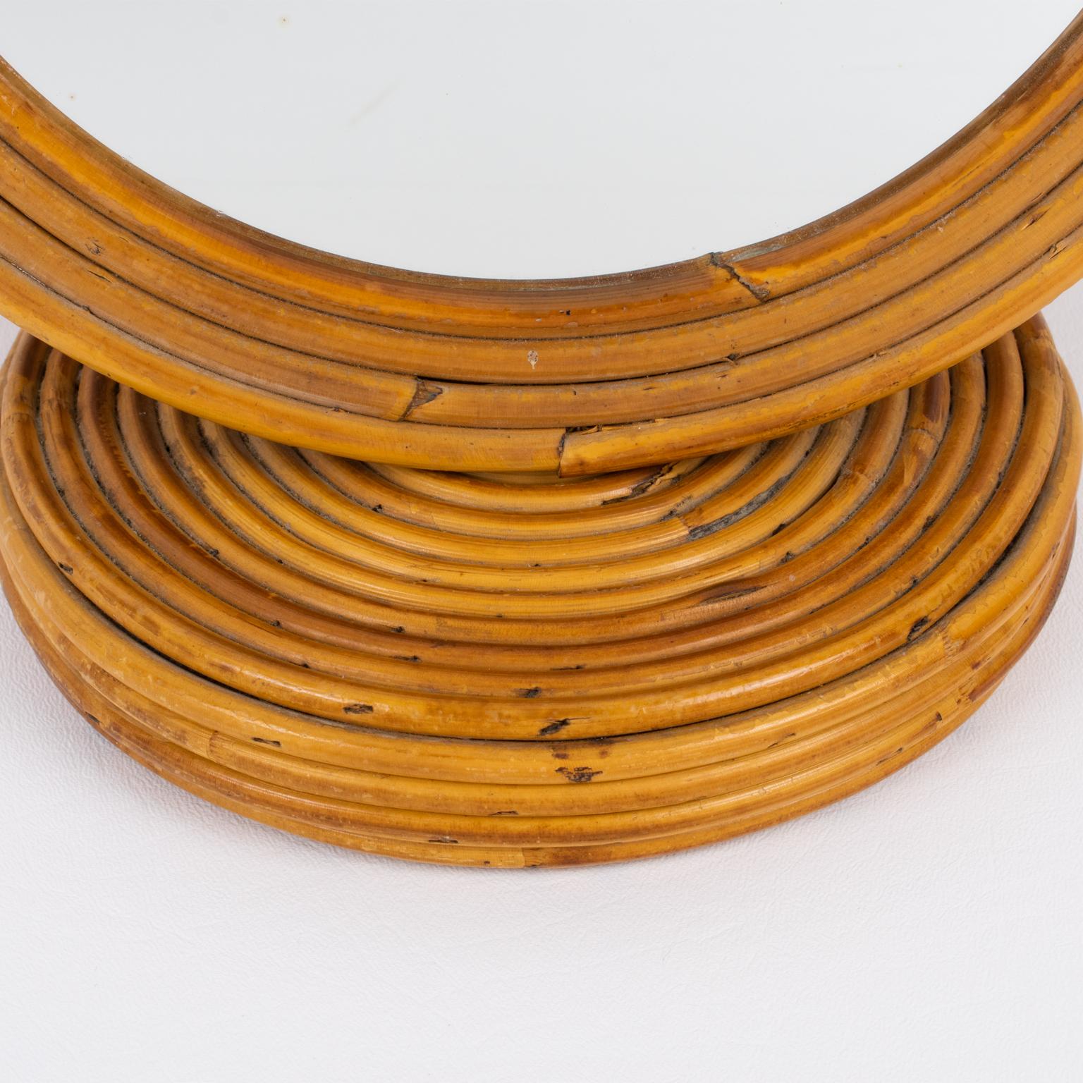 Modernist Pencil Reed Wicker Round Table Mirror, Italy For Sale 3