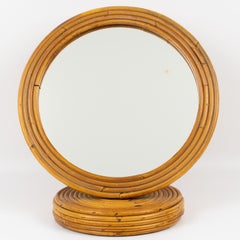 Modernist Pencil Reed Wicker Round Table Mirror, Italy