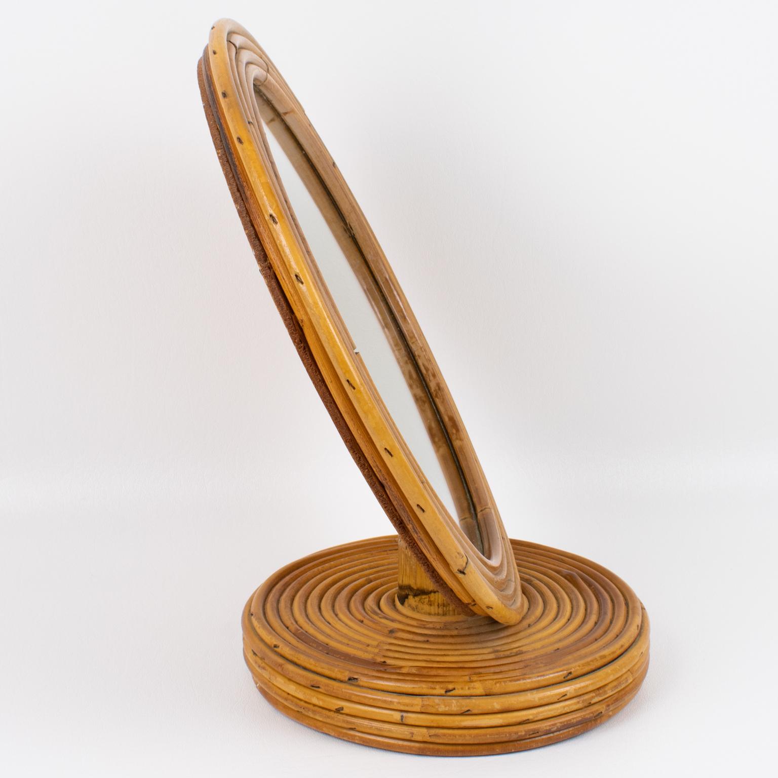 Italian Modernist Pencil Reed Wicker Round Table Mirror, Italy For Sale