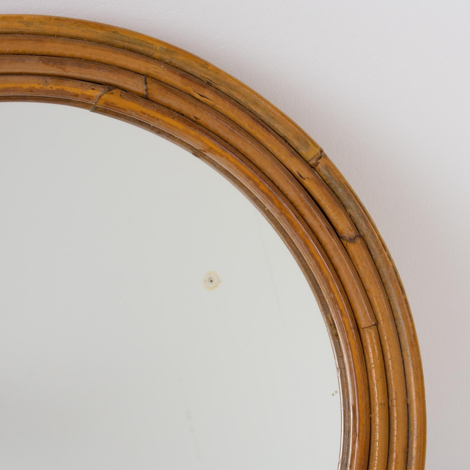 Rattan Modernist Pencil Reed Wicker Round Table Mirror, Italy For Sale