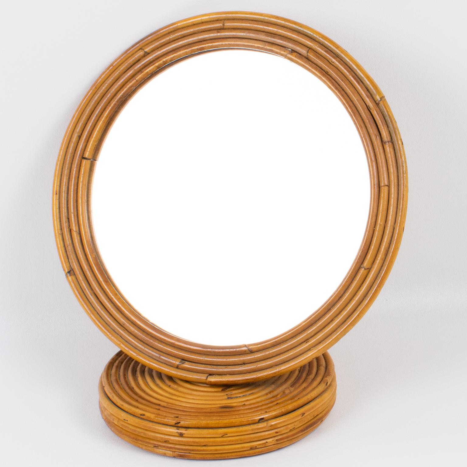 Modernist Pencil Reed Wicker Round Table Mirror, Italy For Sale 1