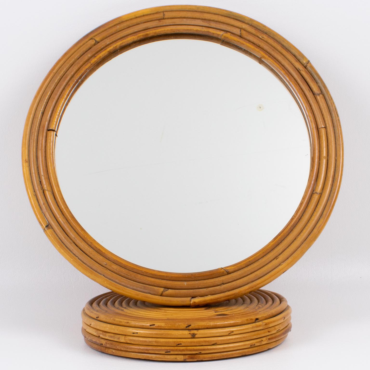 Modernist Pencil Reed Wicker Round Table Mirror, Italy For Sale 2