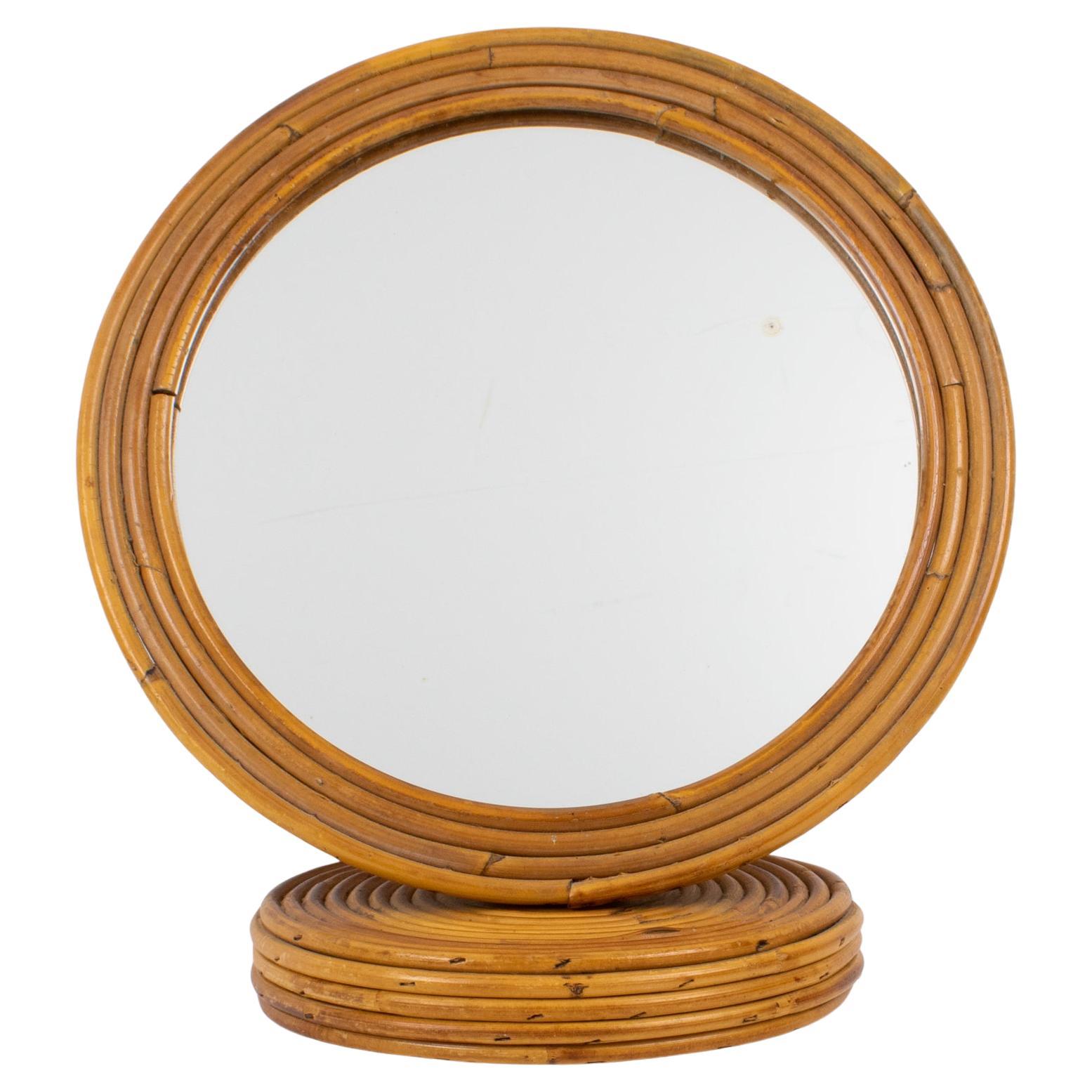 Modernist Pencil Reed Wicker Round Table Mirror, Italy For Sale