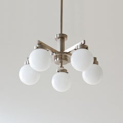 Modernist Pendant Light Nickel Plated Brass with 5 Opaline Glass Bulbs circa1930