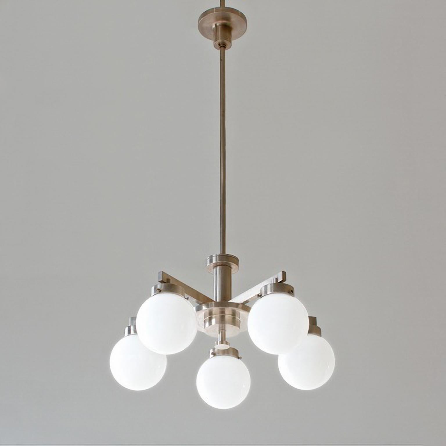 Modernist Pendant Light Nickel Plated Brass with 5 Opaline Glass Bulbs circa1930 In Good Condition For Sale In Berlin, DE