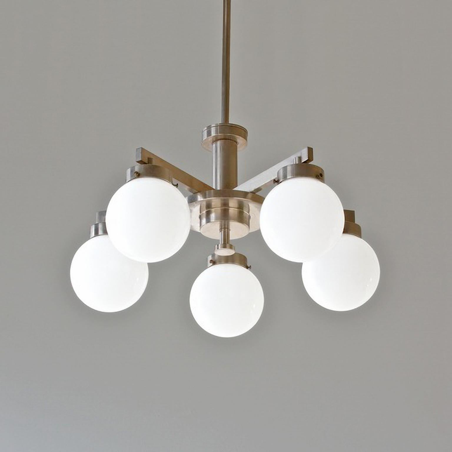Mid-20th Century Modernist Pendant Light Nickel Plated Brass with 5 Opaline Glass Bulbs circa1930 For Sale