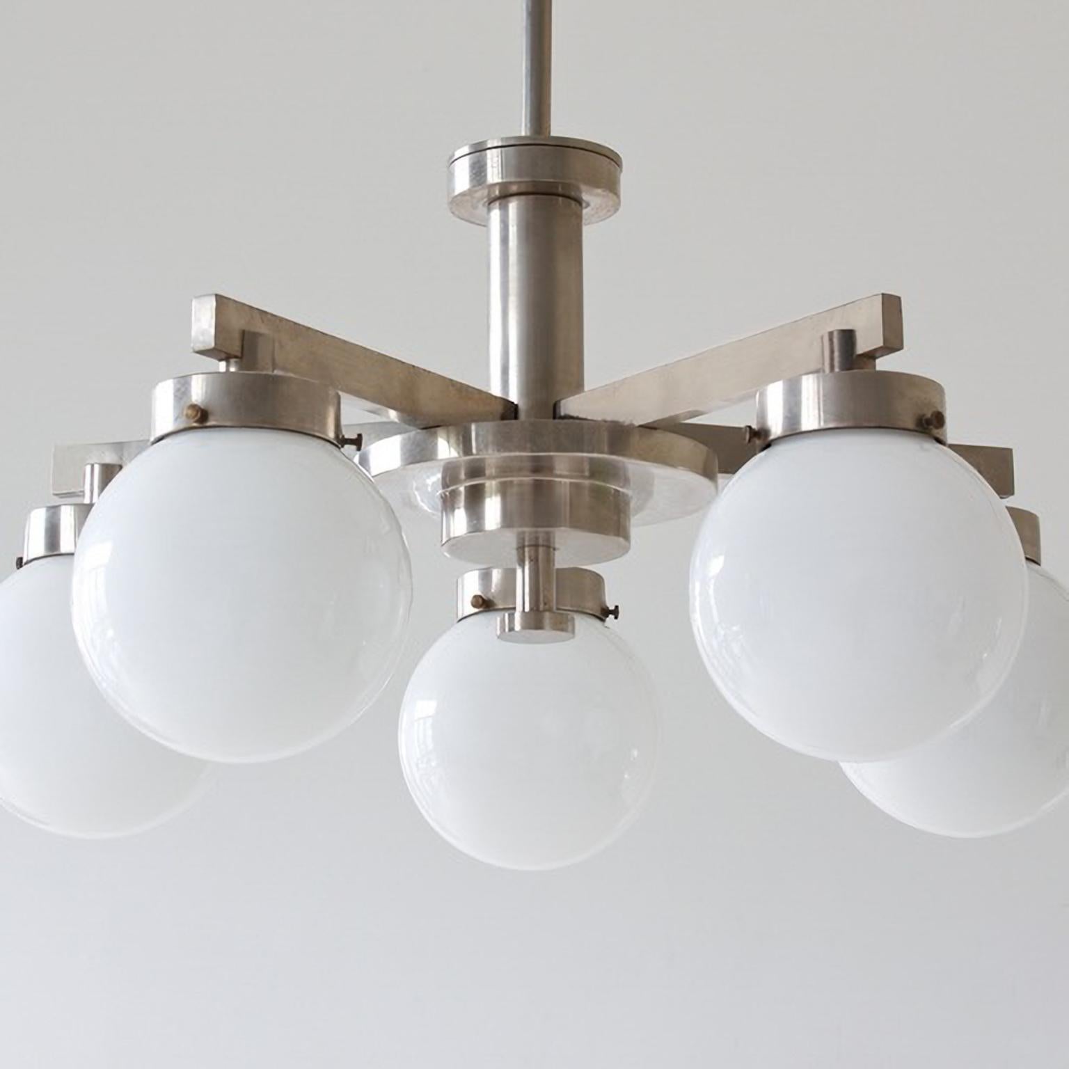 Modernist Pendant Light Nickel Plated Brass with 5 Opaline Glass Bulbs circa1930 For Sale 1
