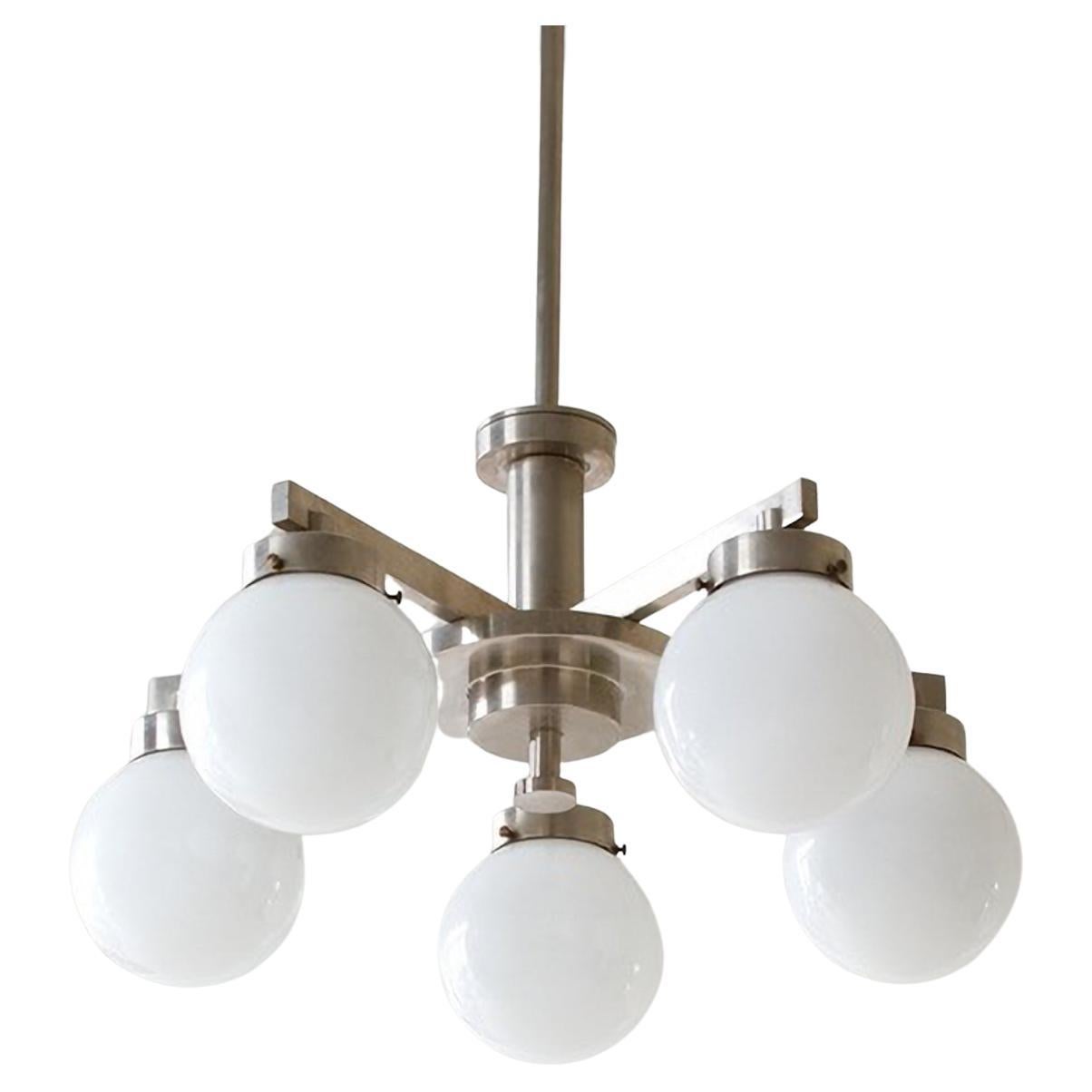Modernist Pendant Light Nickel Plated Brass with 5 Opaline Glass Bulbs circa1930 For Sale