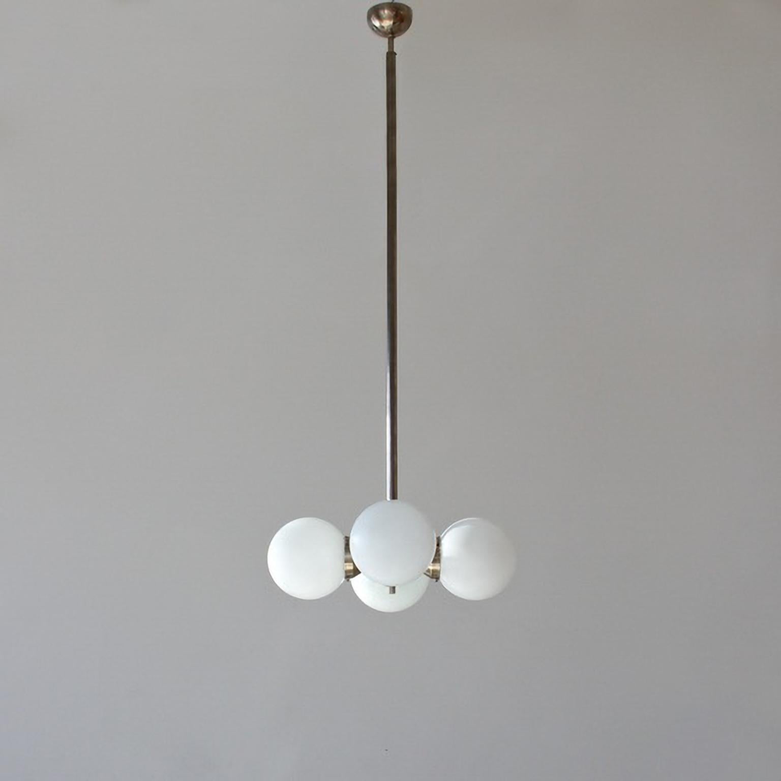 German Modernist Pendant Light with 4 Opaline Glass Bulbs, Nickel Plated Brass c. 1930 For Sale