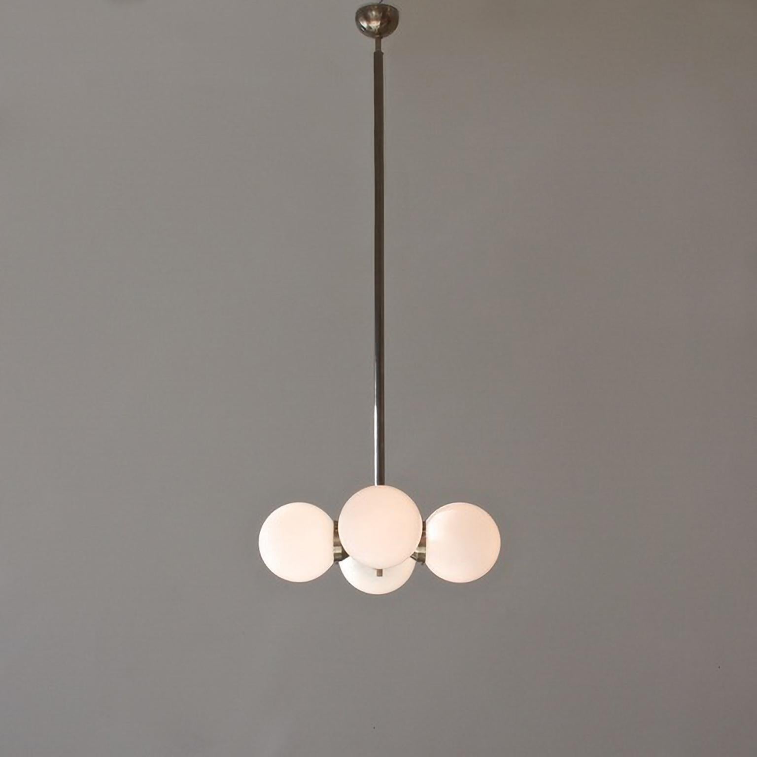 Modernist Pendant Light with 4 Opaline Glass Bulbs, Nickel Plated Brass c. 1930 In Good Condition For Sale In Berlin, DE