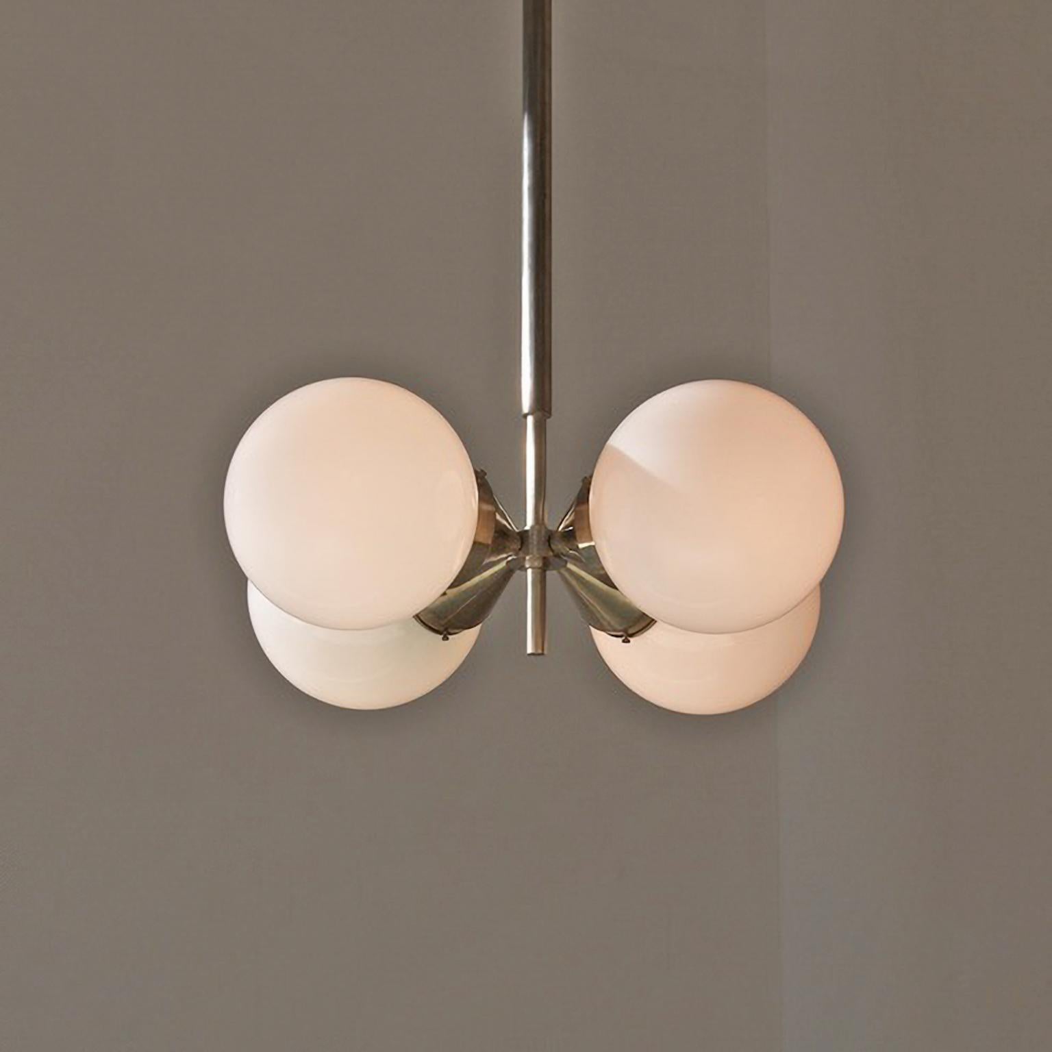 Modernist Pendant Light with 4 Opaline Glass Bulbs, Nickel Plated Brass c. 1930 For Sale 1