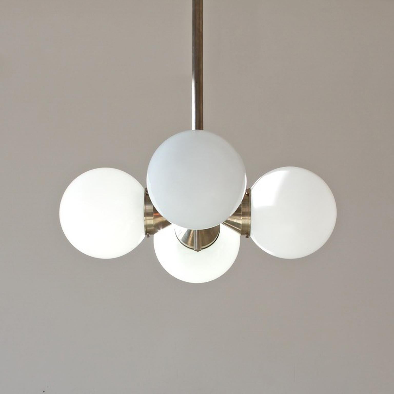 Modernist Pendant Light with 4 Opaline Glass Bulbs, Nickel Plated Brass c. 1930 For Sale 2