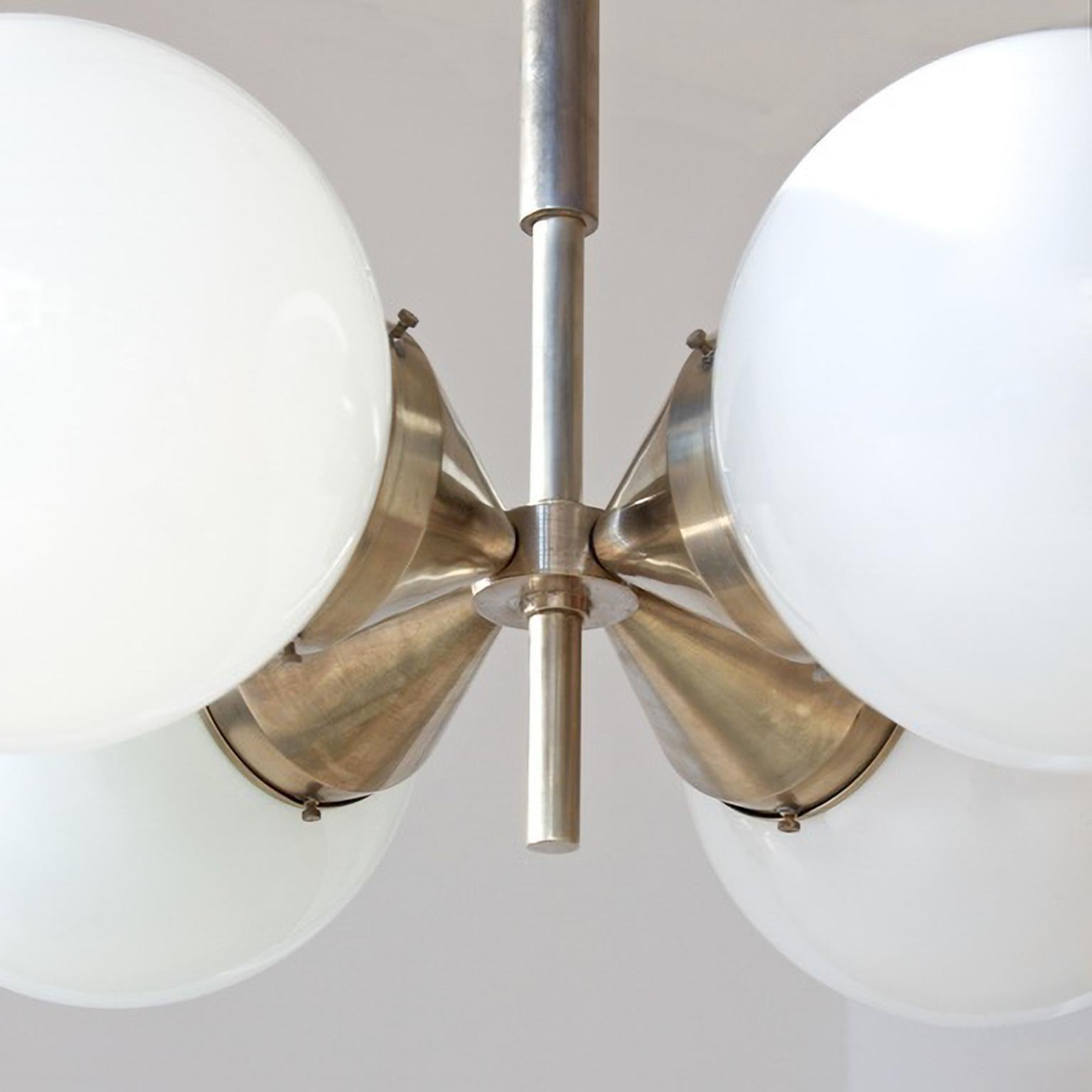 Modernist Pendant Light with 4 Opaline Glass Bulbs, Nickel Plated Brass c. 1930 For Sale 3