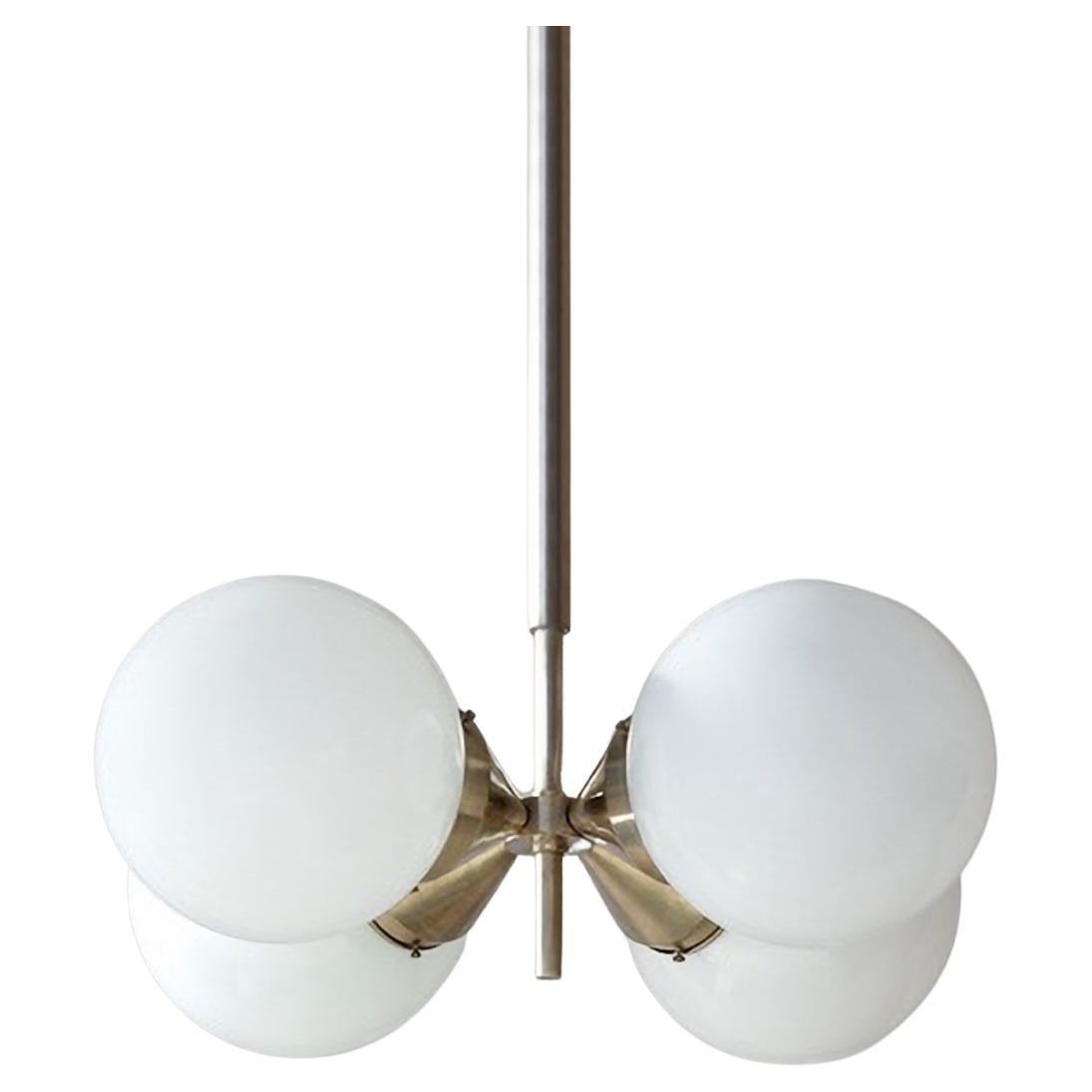 Modernist Pendant Light with 4 Opaline Glass Bulbs, Nickel Plated Brass c. 1930 For Sale