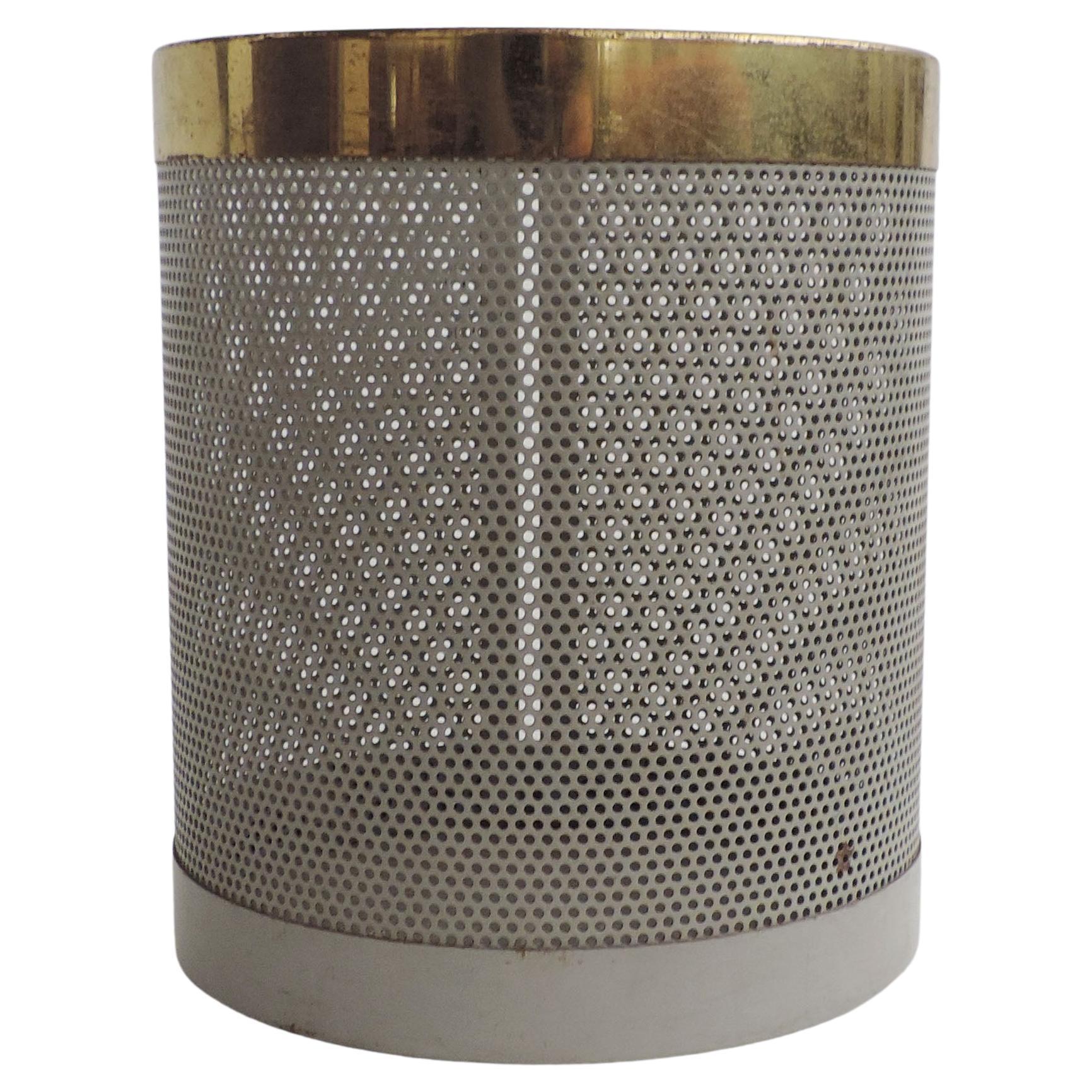 Modernist Perforated Italian Wastepaper Bin in Grey Metal and Brass, Italy 1960s For Sale