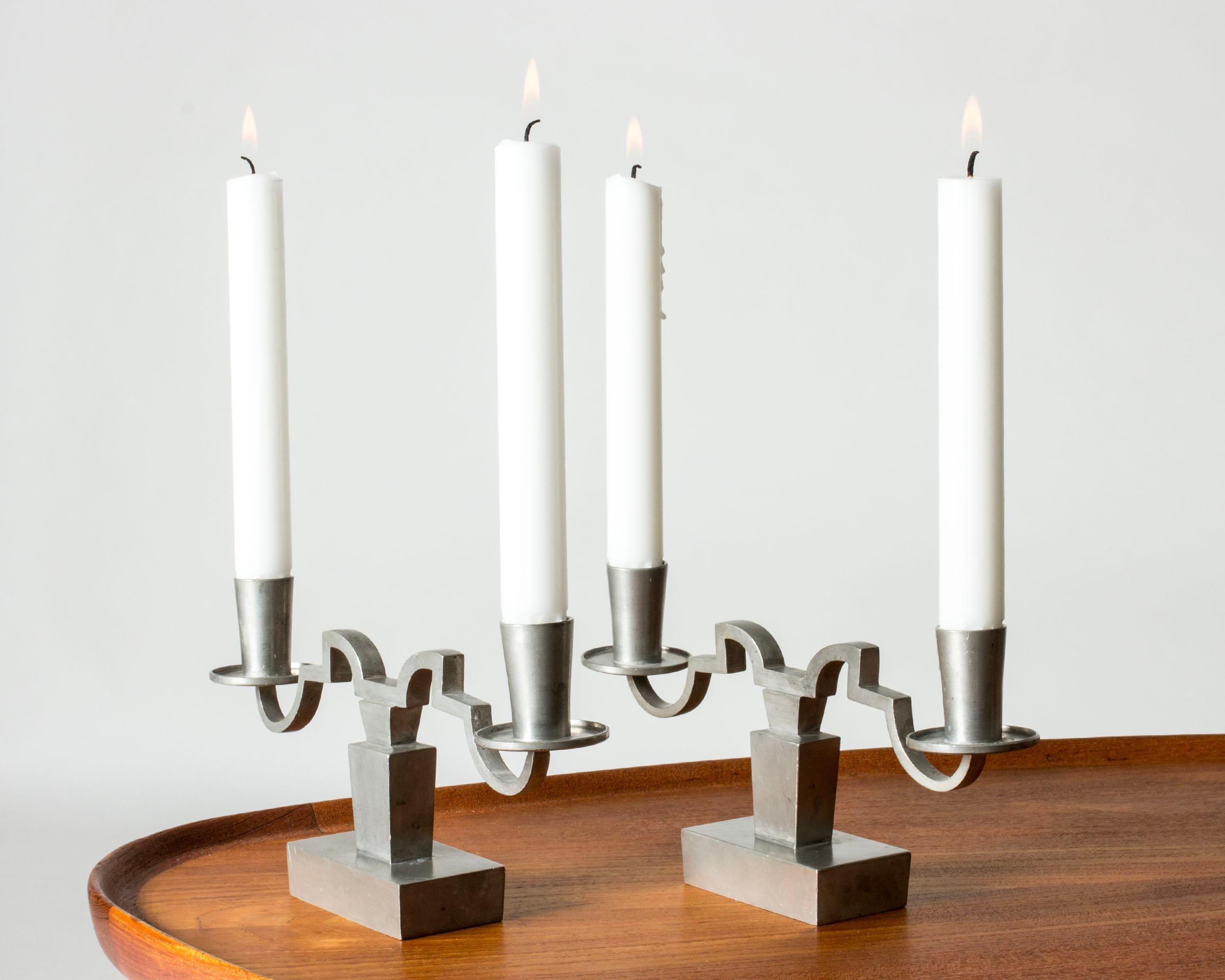 Scandinavian Modern Modernist Pewter Candlesticks by Nils Fougstedt for Svenskt Tenn, Sweden, 1932 For Sale
