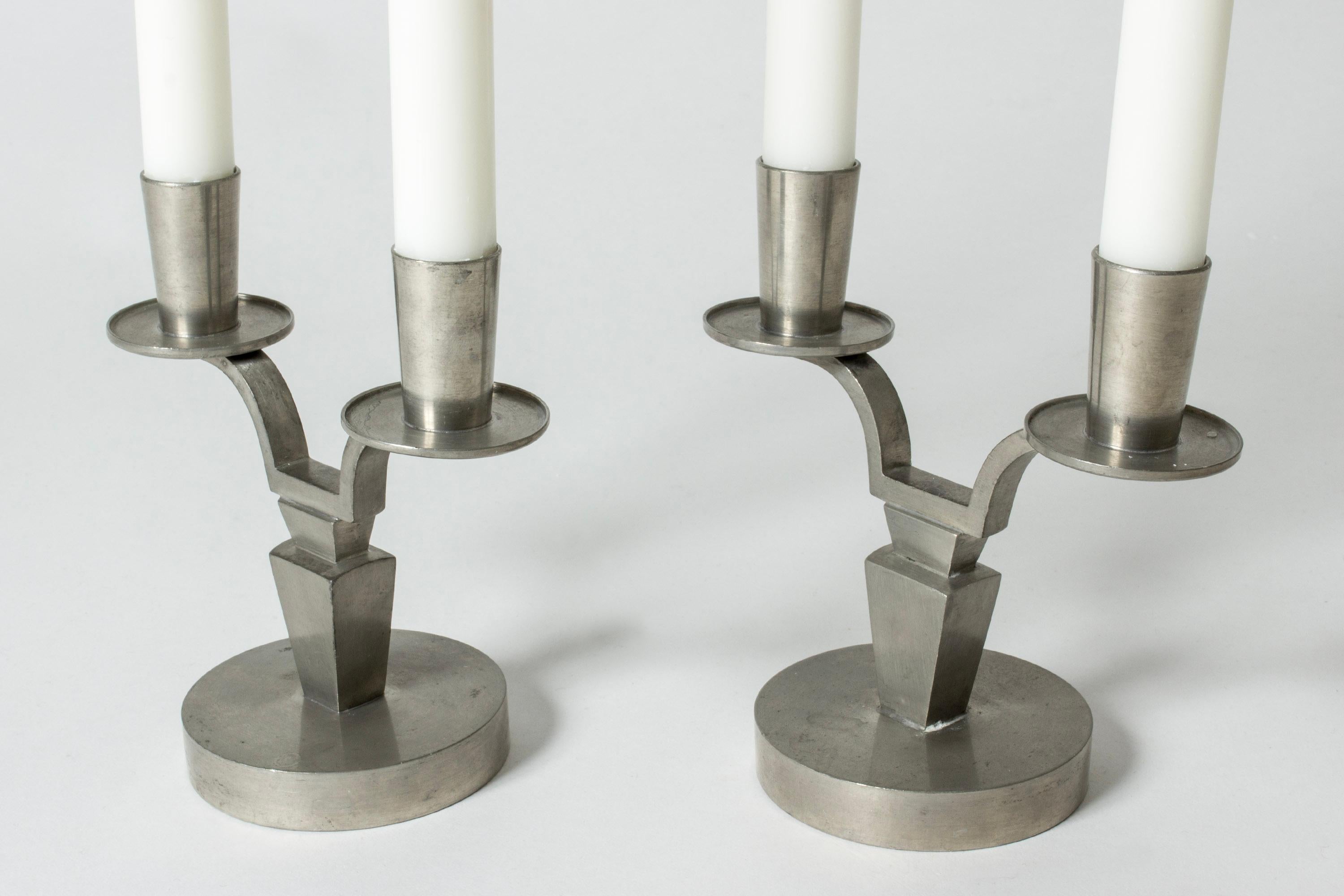 Swedish Modernist Pewter Candlesticks by Nils Fougstedt for Svenskt Tenn, Sweden, 1944