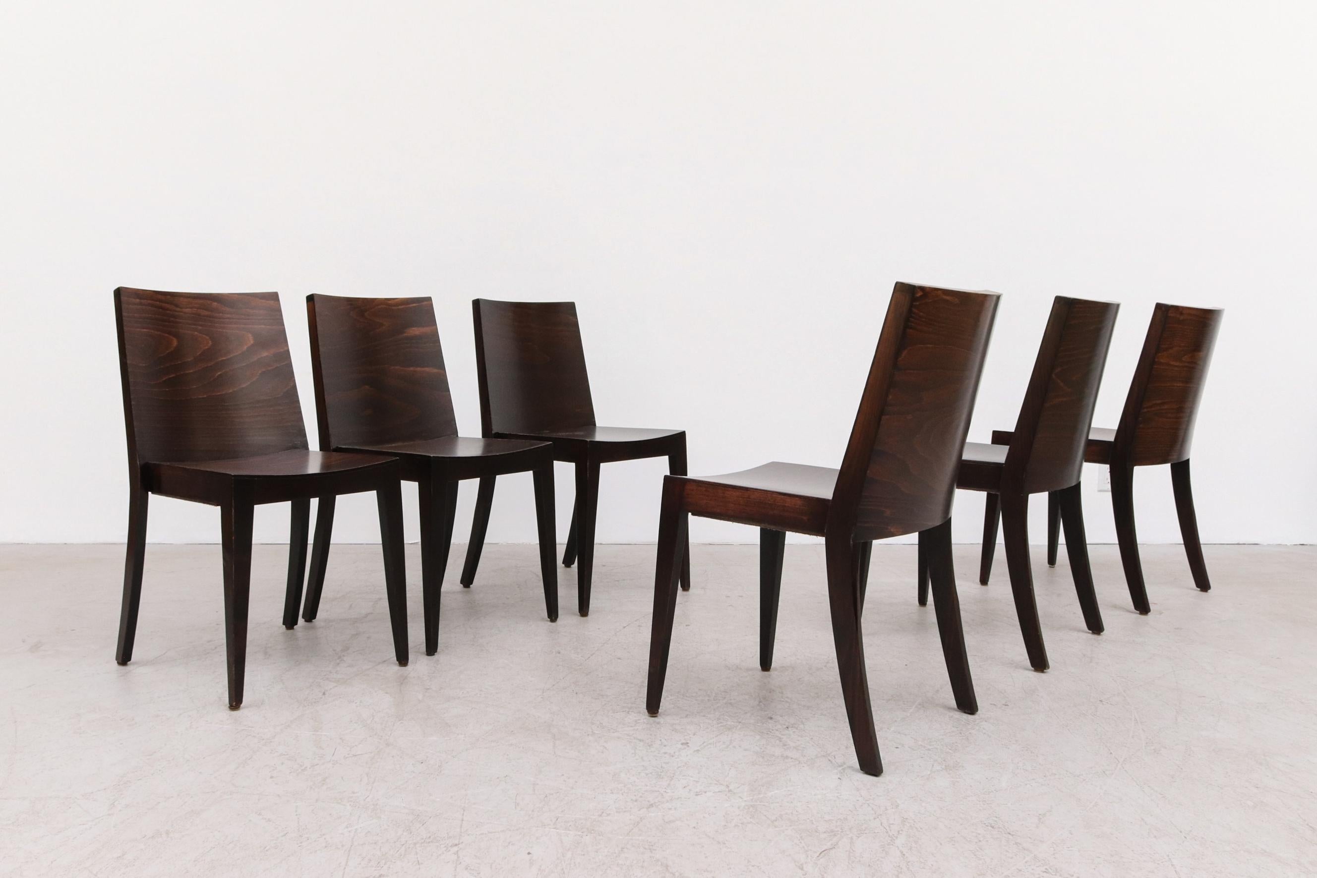 Modernist Philippe Starck Style Square Back Dark Stained Wood Stacking Chairs For Sale 4