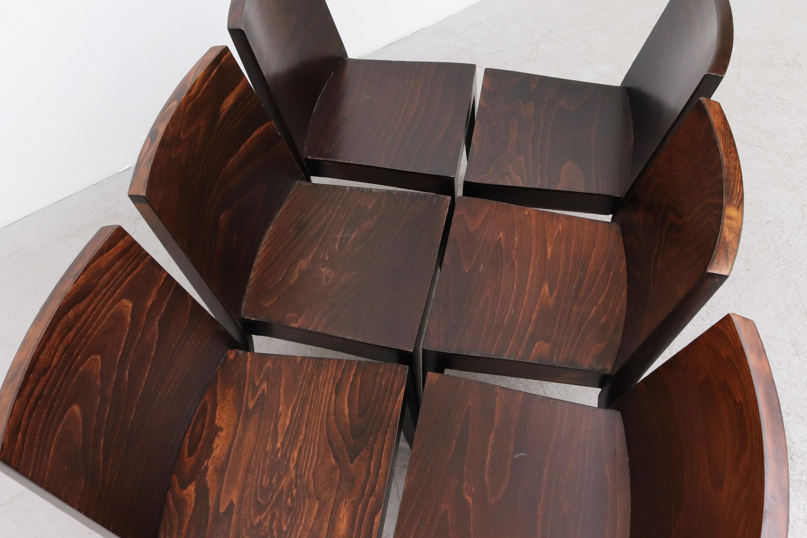 Modernist Philippe Starck Style Square Back Dark Stained Wood Stacking Chairs For Sale 11