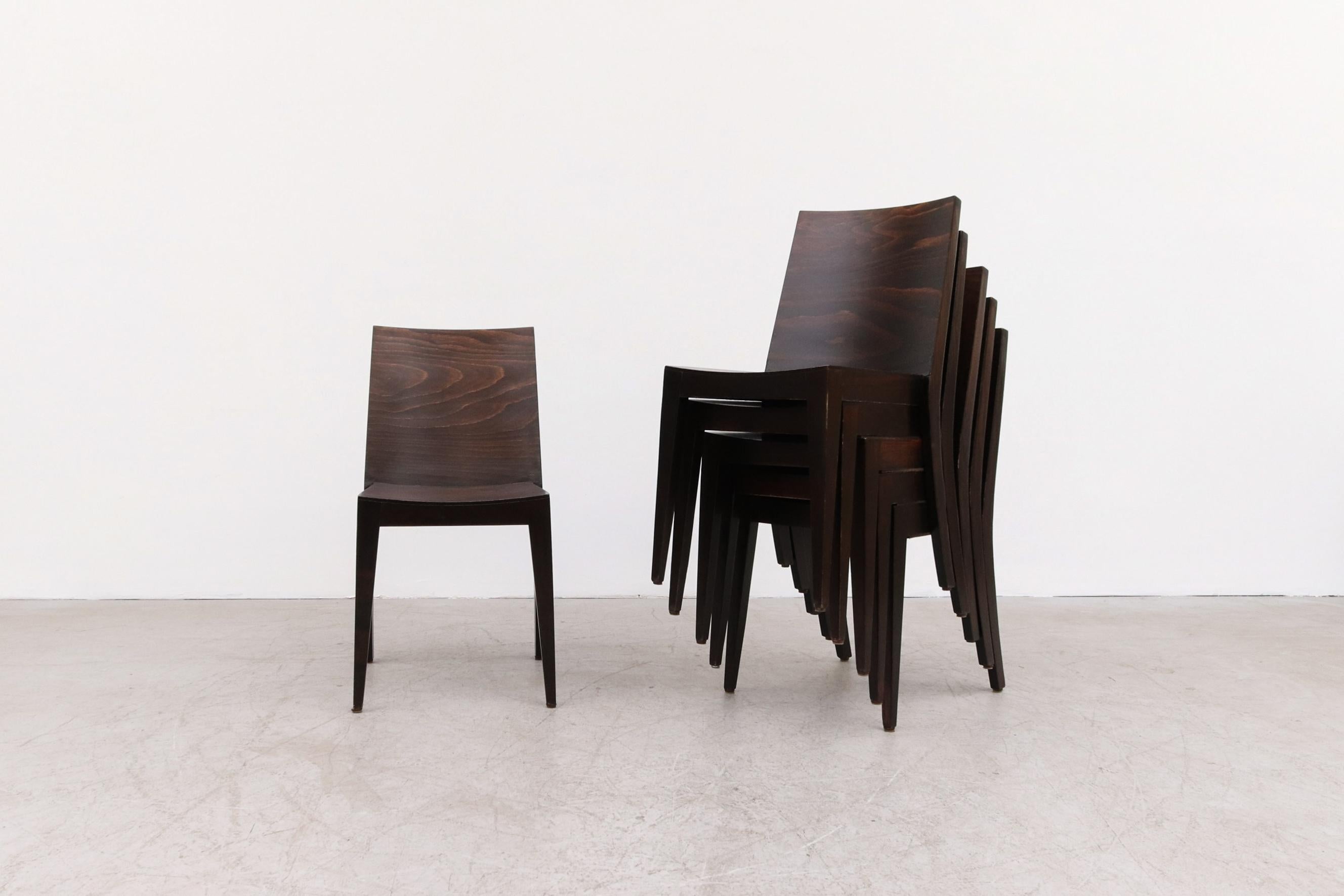 Mid-Century Modern Modernist Philippe Starck Style Square Back Dark Stained Wood Stacking Chairs For Sale