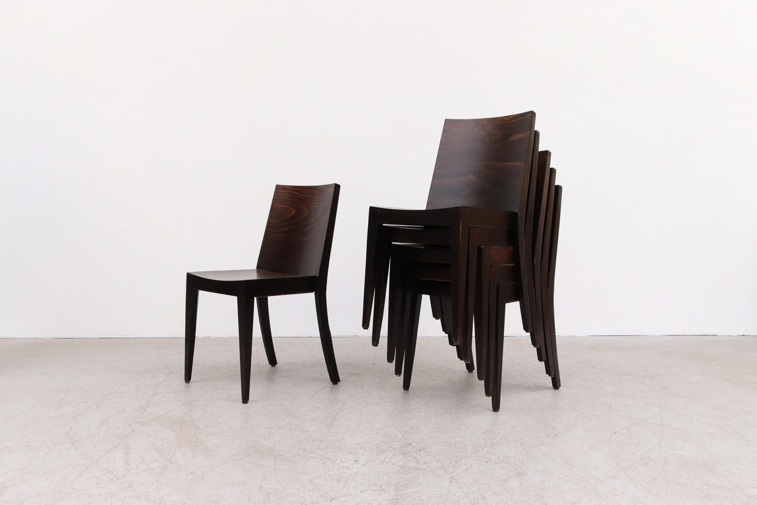 Dutch Modernist Philippe Starck Style Square Back Dark Stained Wood Stacking Chairs For Sale