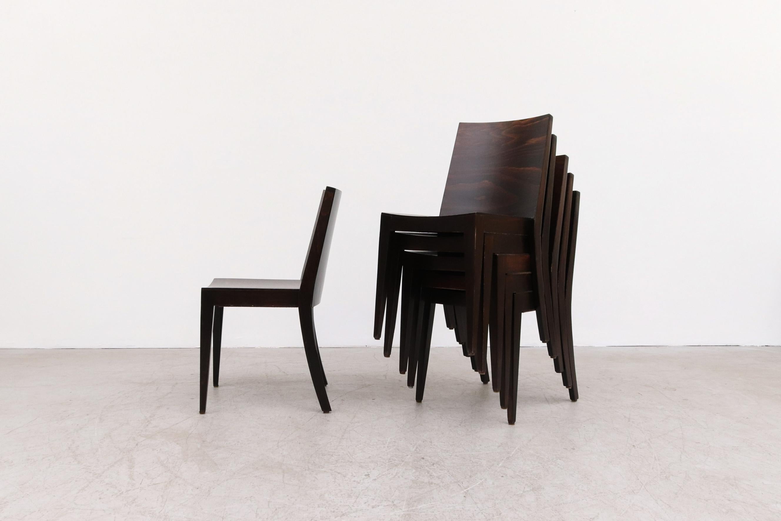 Modernist Philippe Starck Style Square Back Dark Stained Wood Stacking Chairs In Good Condition For Sale In Los Angeles, CA
