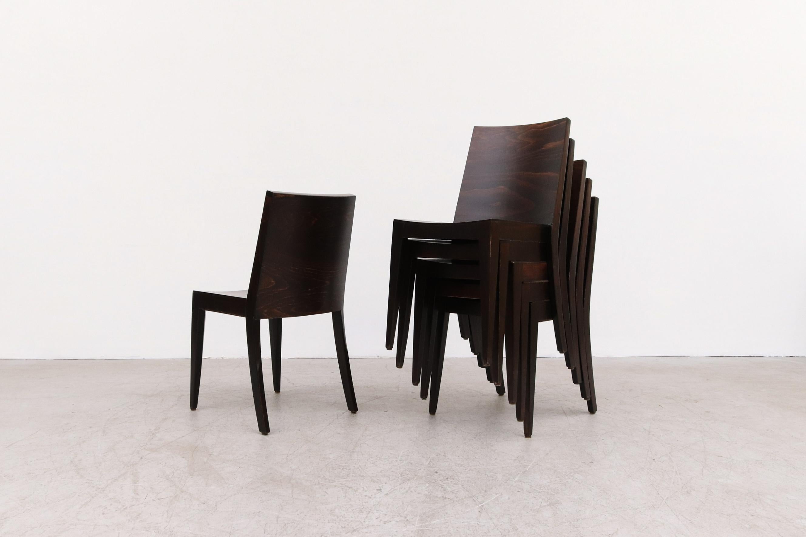 Late 20th Century Modernist Philippe Starck Style Square Back Dark Stained Wood Stacking Chairs For Sale