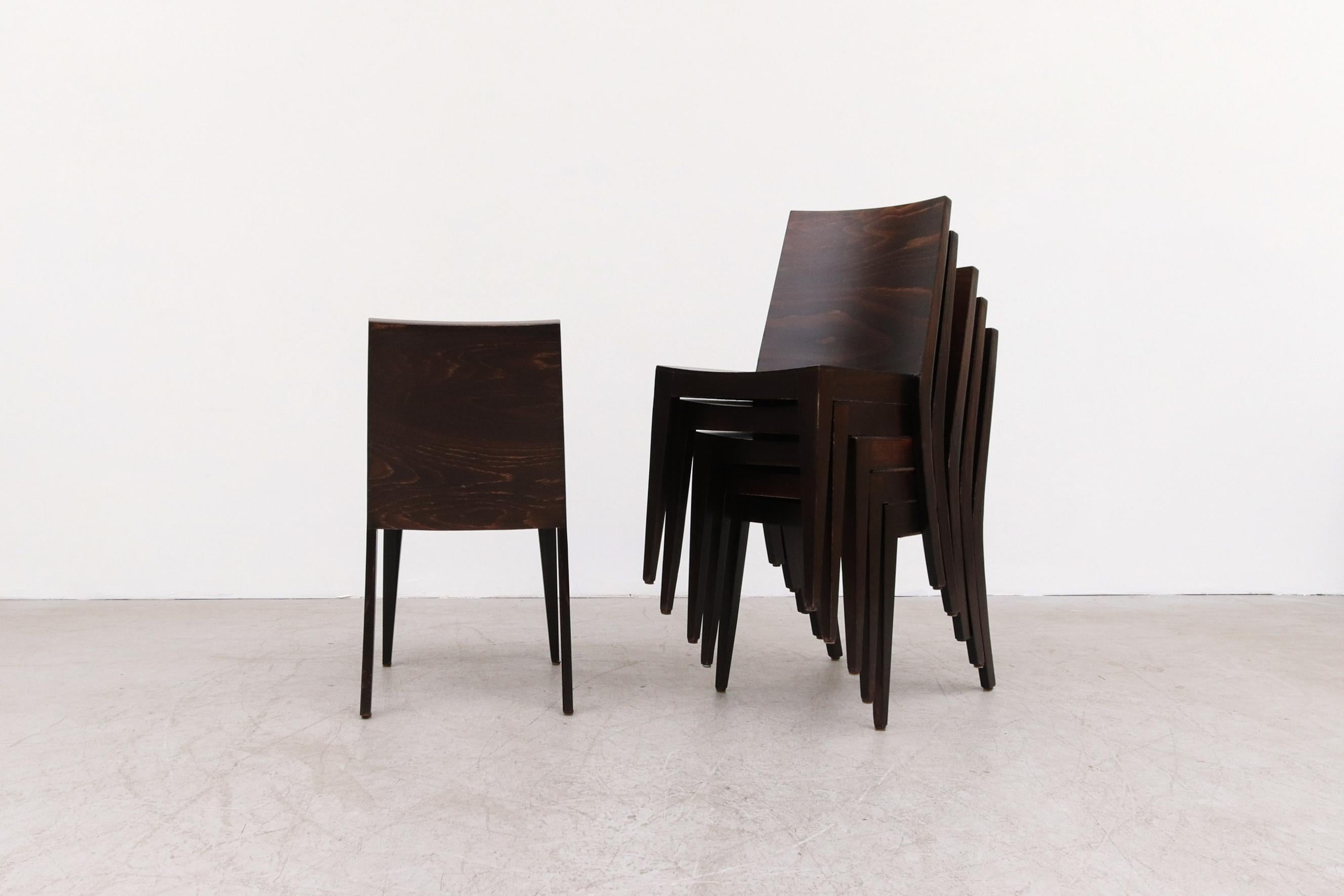 Modernist Philippe Starck Style Square Back Dark Stained Wood Stacking Chairs For Sale 1