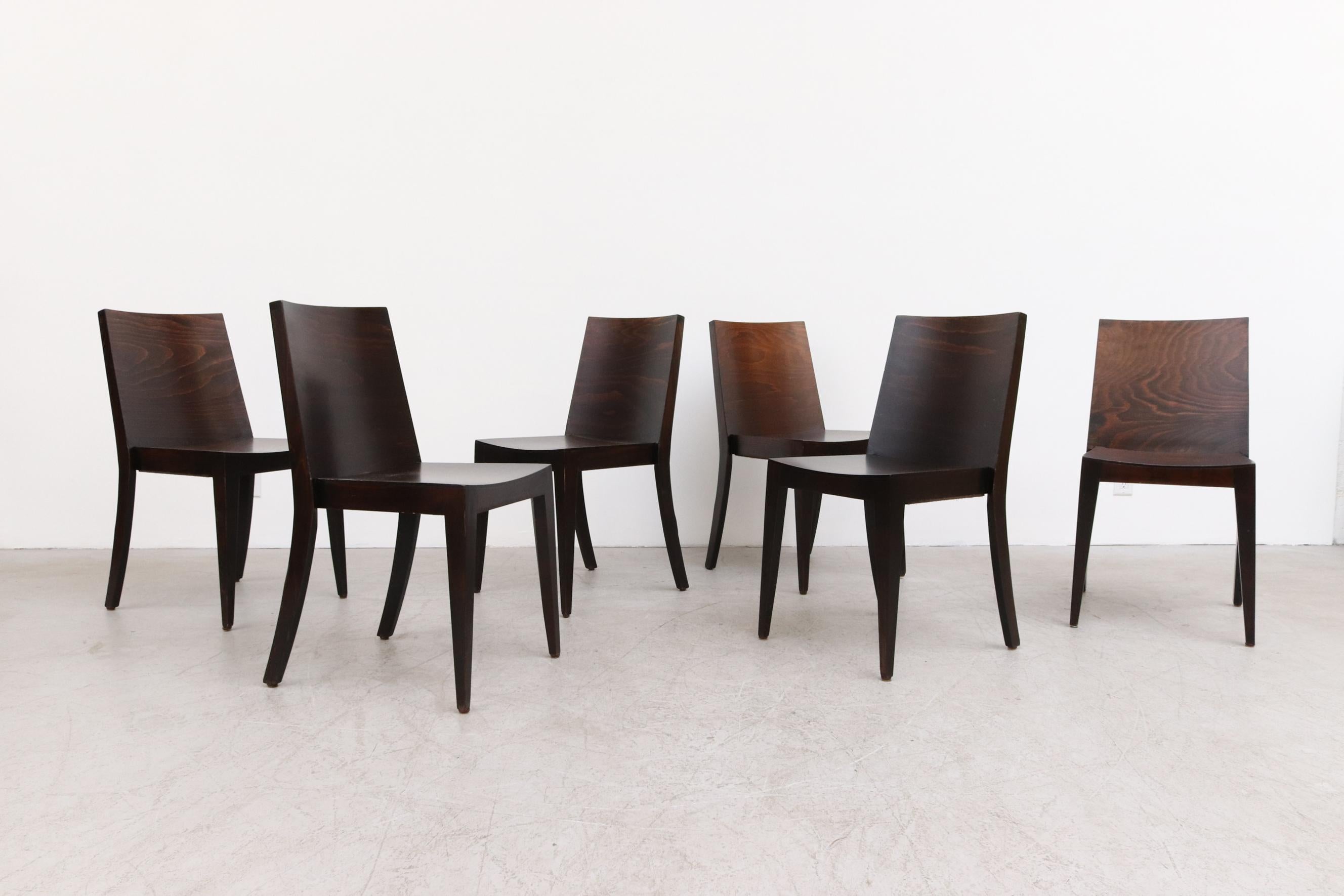 Modernist Philippe Starck Style Square Back Dark Stained Wood Stacking Chairs For Sale 2