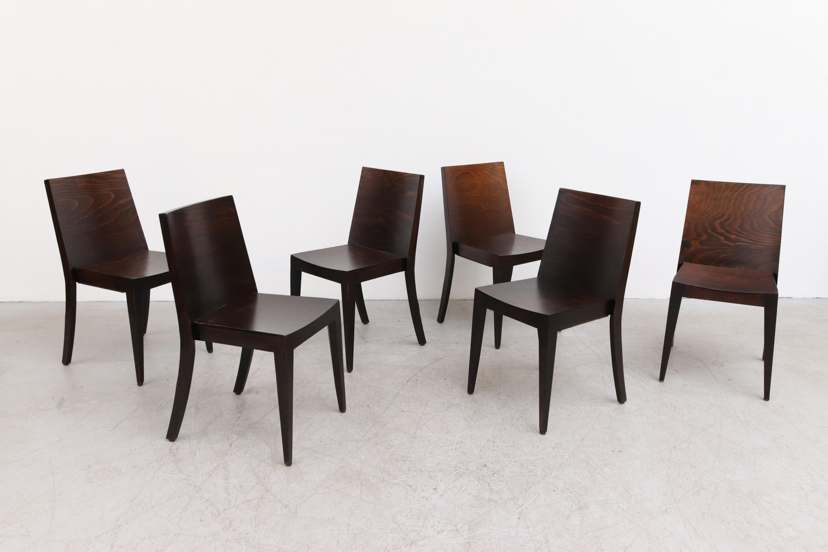 Modernist Philippe Starck Style Square Back Dark Stained Wood Stacking Chairs For Sale 3