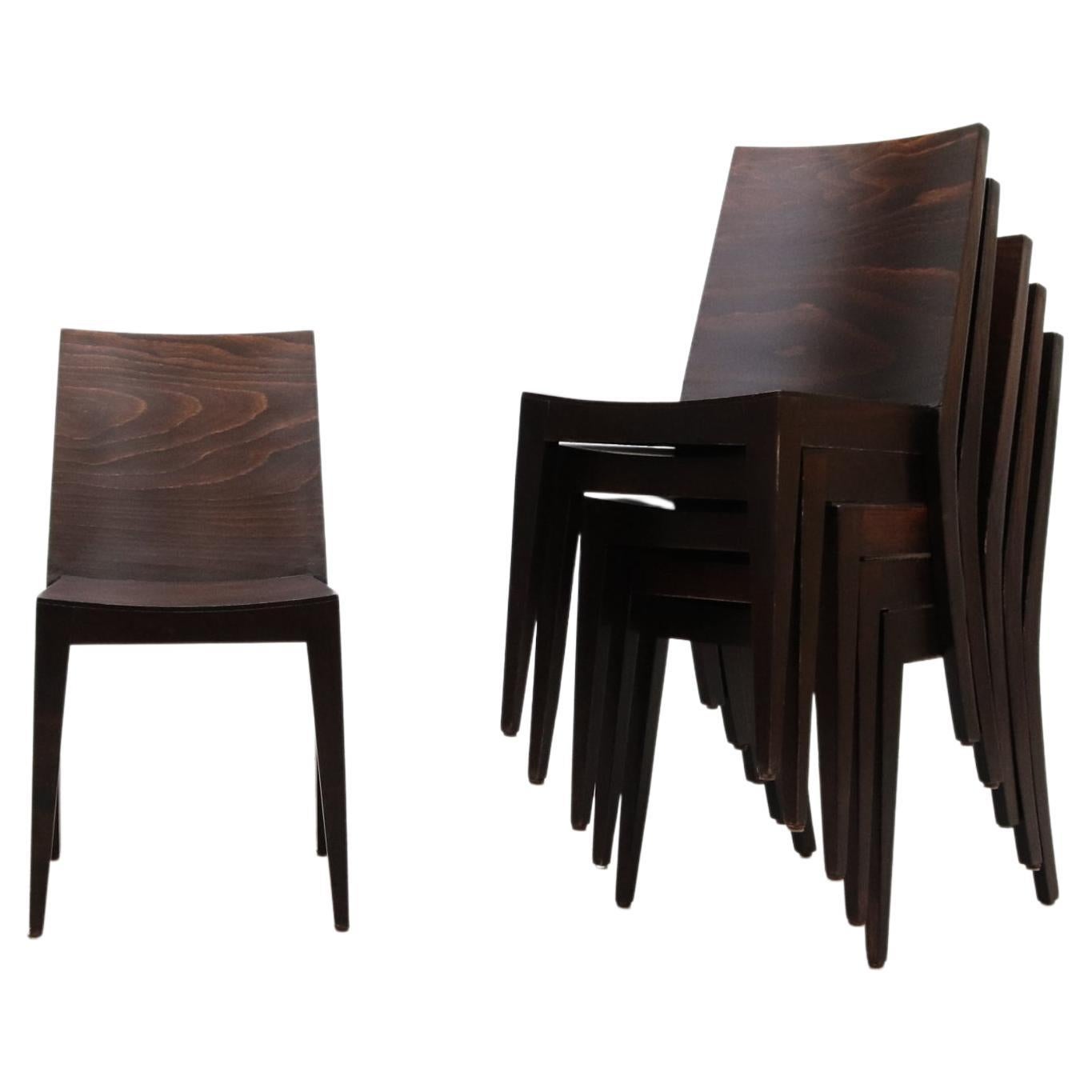 Modernist Philippe Starck Style Square Back Dark Stained Wood Stacking Chairs