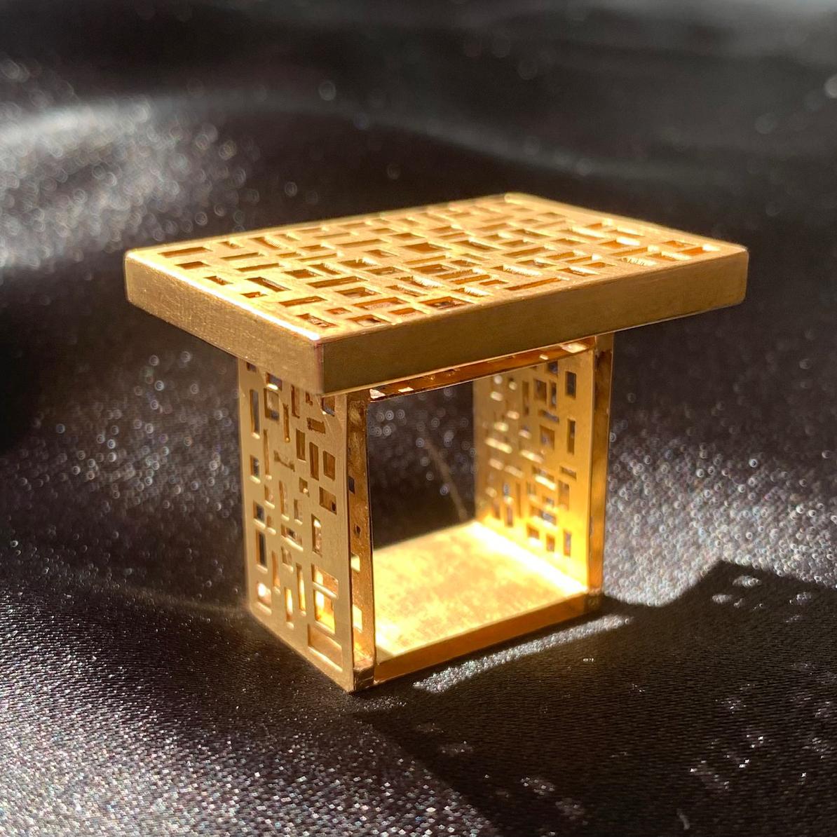Artist Modernist Geometric 18 Karat Yellow Gold Square Shank Ring For Sale