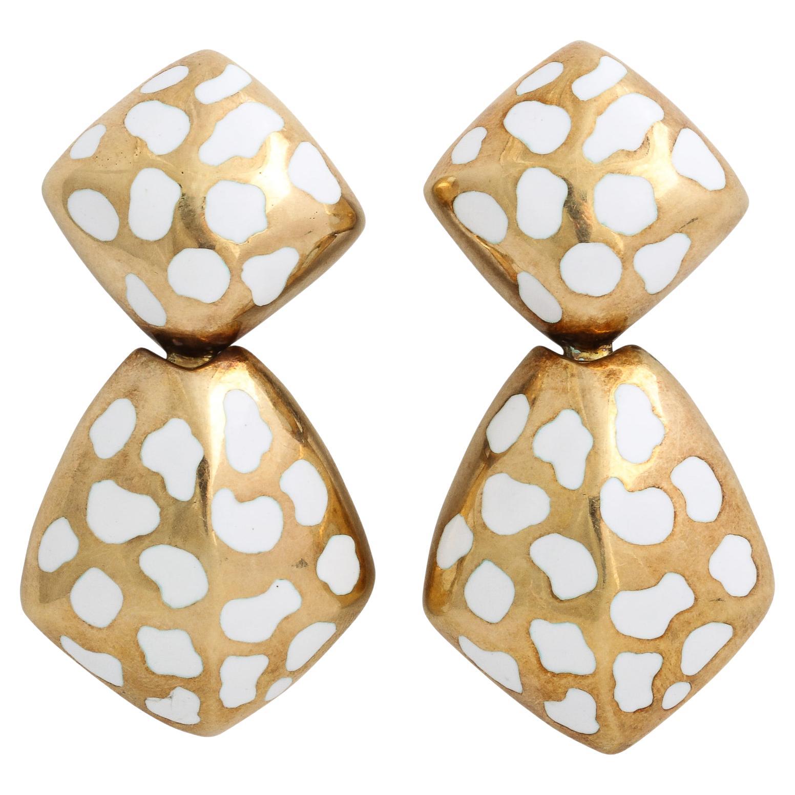 Modernist Pierced Drop Earrings in Gold and Enamel  For Sale