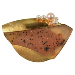 Modernist Pin 18k Gold Diamonds and Polished Stone by Susan Helmich