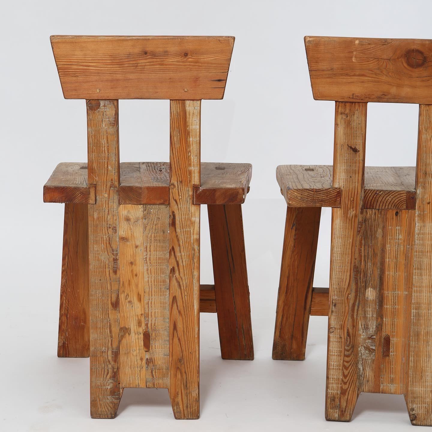 Pair folk modernist pine chairs. From a school in China circa 1970s. Solid build, fantastic lines. Nice patina.