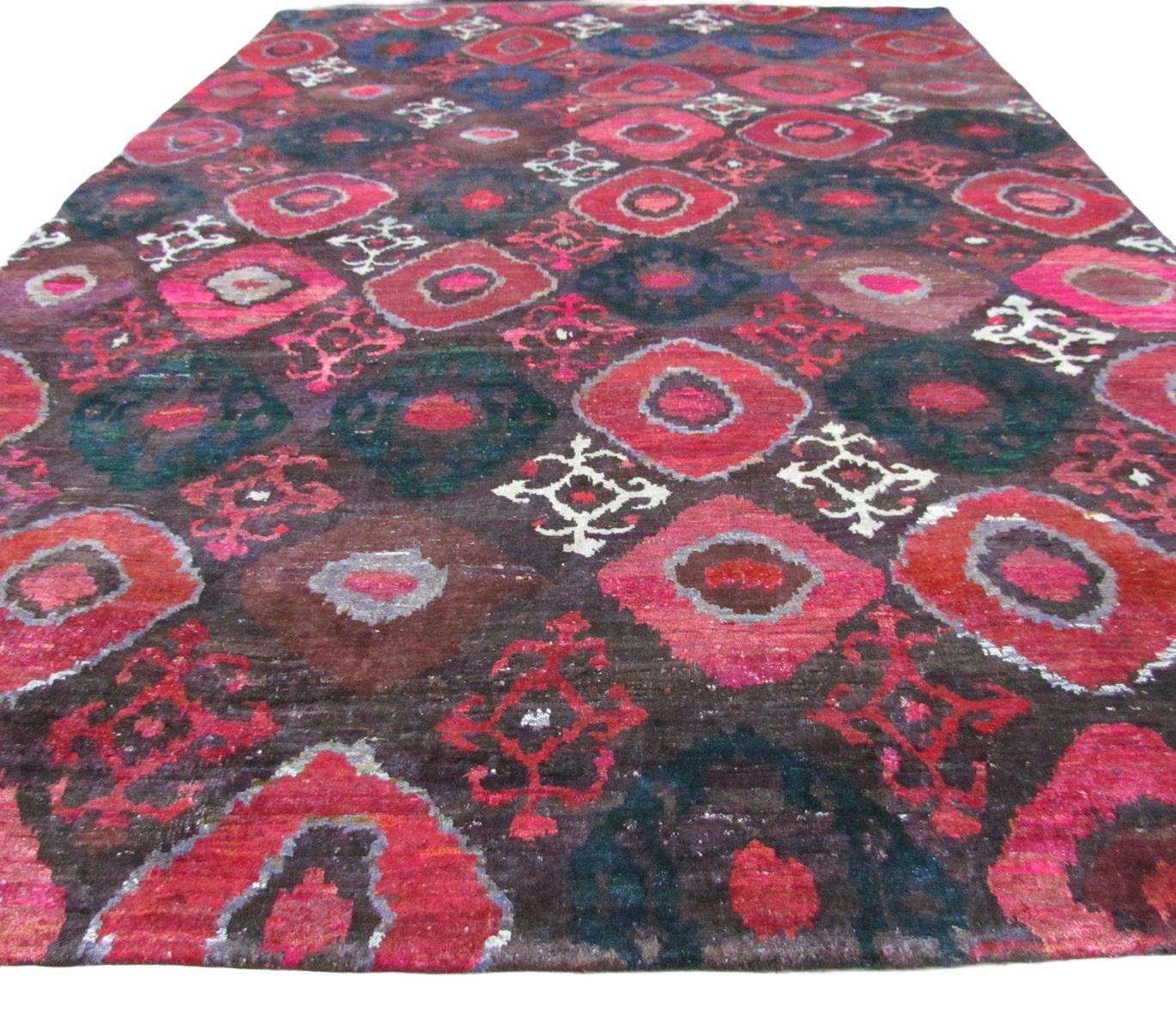 Contemporary Modernist Pink Burgundy Red Blue Natural Silk Eco-Friendly Hand-Knotted Rug For Sale