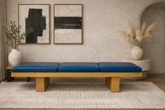 Modernist Platform Bench with Blue Leather Cushions, Custom LA Design