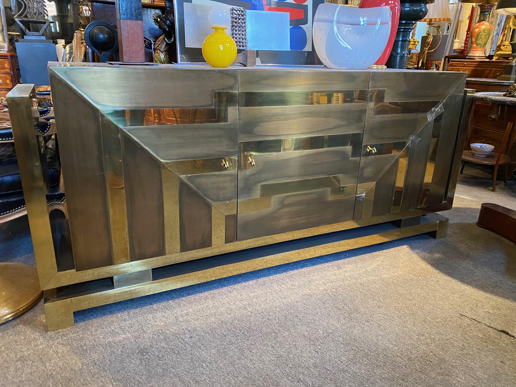 Modernist Polished and Patinated Brass Credenza For Sale 5